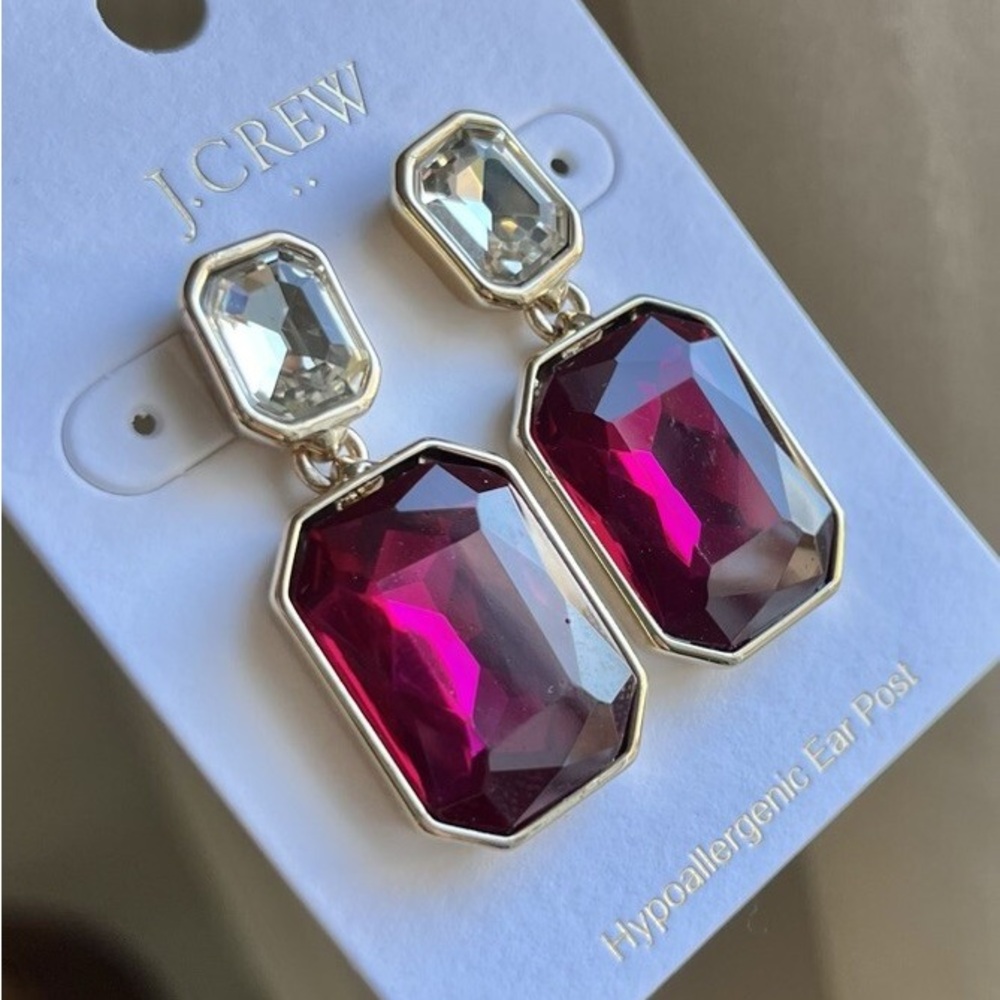 J. Crew Gold-Tone Drop Earrings with Fuchsia and Clear Stones